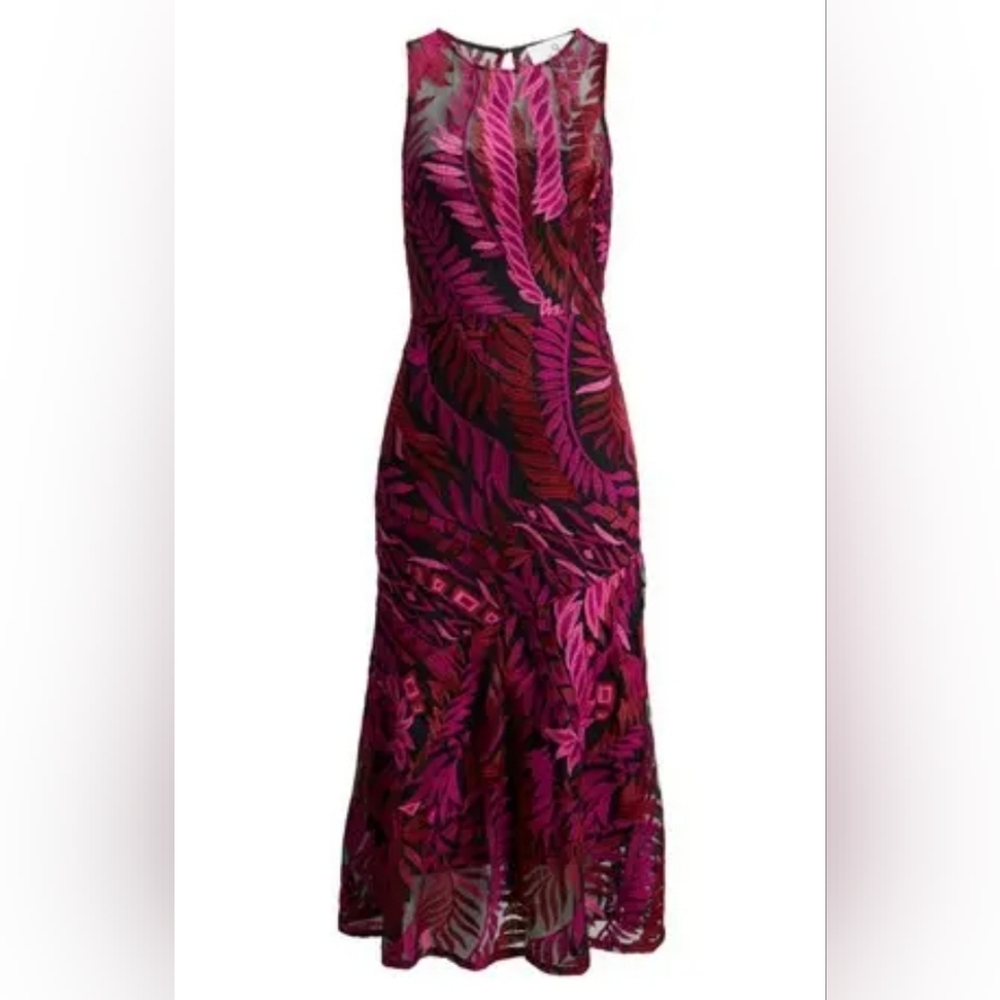 NWT SAM EDELMAN Laurel Leaf Embroidered Midi Dress Dark Pink Size 14 - Picture 3 of 14